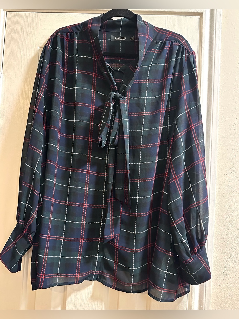 Lauren Ralph Lauren Tartan Georgette Navy Plaid Tie-Neck Blouse